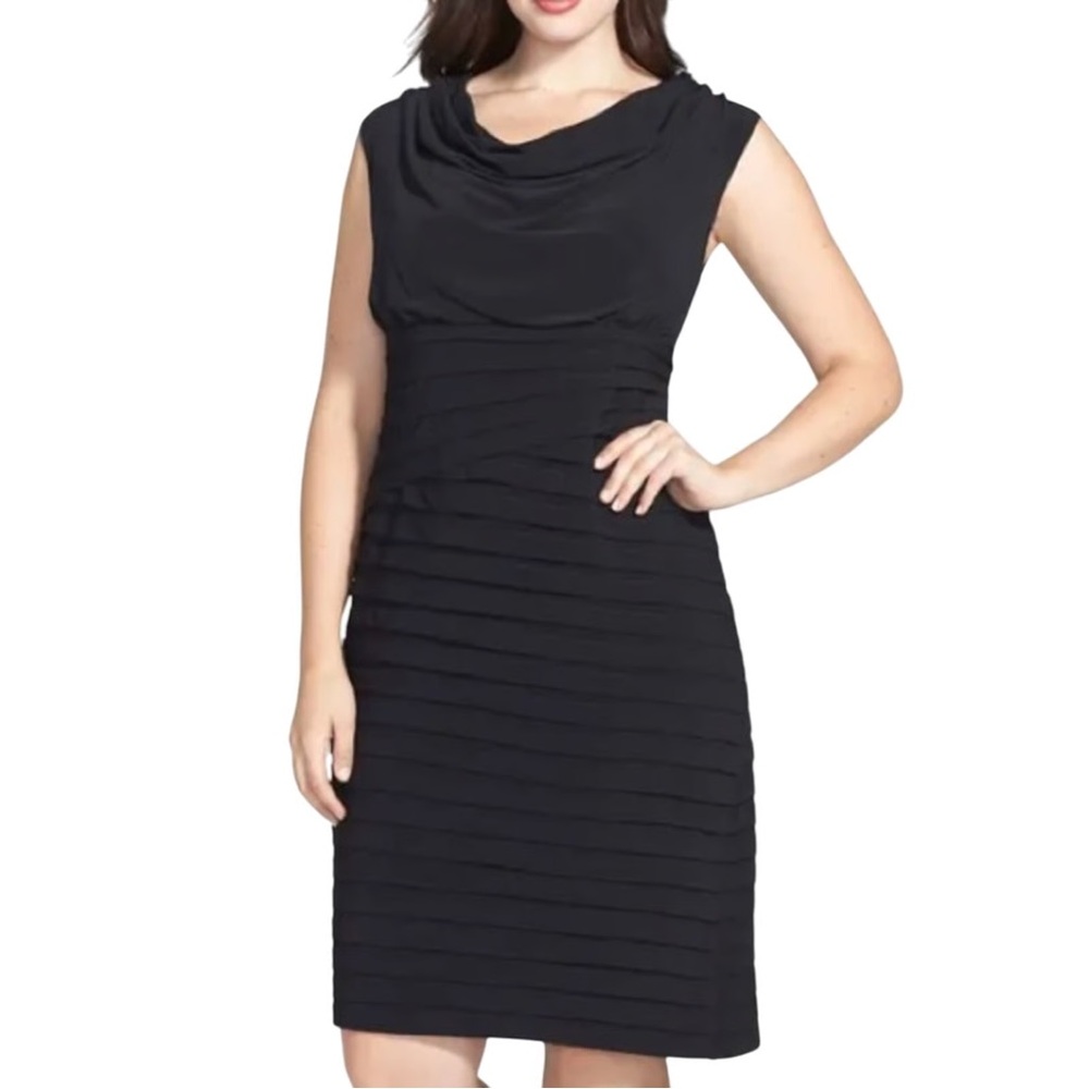Adrianna Papell Black Cowl Neck Shutter Pleated Dress Blouson  Sleeveless Sz 12